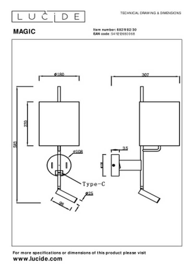 Lucide MAGIC - Nástenné svietidlo - 1xE27 - S USB nabíjacím bodom - Čierna